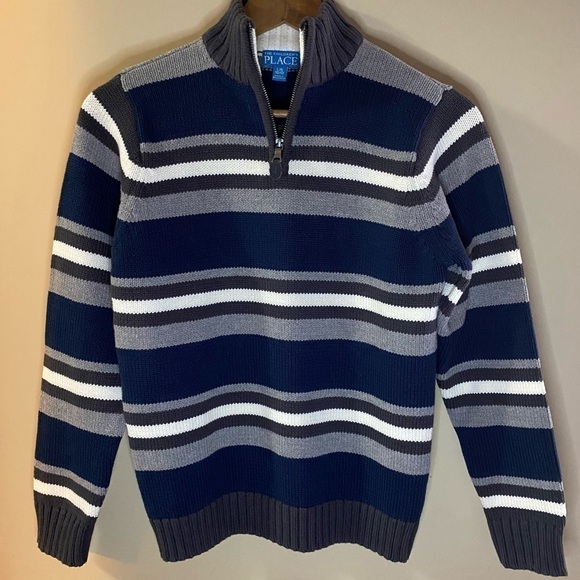 🎈$10 add on. Youth Gap Sweater. Zip collar navy grey white striped. - Picture 9 of 9